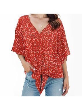 Boho Floral Blouse Casual 3/4 Sleeve V-Neck Tie Front Batwing Flower Red Medium